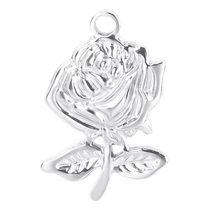 Macro detail of a silver stainless steel rose pendant with realistic metallic textures