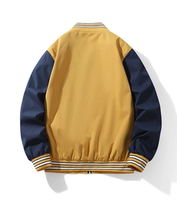 Rear view of yellow and navy varsity jacket with striped ribbed collar and hem detail