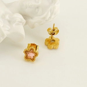 Gold-plated star earrings with pink zircon stone and delicate beaded edges