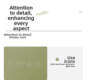 Macro shot of green silicone coaster showing BPA-free stamp and heat resistance details