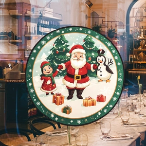 Detailed view of Santa Claus window stickers with elves and penguins in a cafe setting