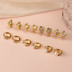 Stainless Steel Hoop Earrings Cubic Zirconia Faux Artificial Pearl 18K Gold Plated Heart Crown Geometric Fashion Jewelry For Women