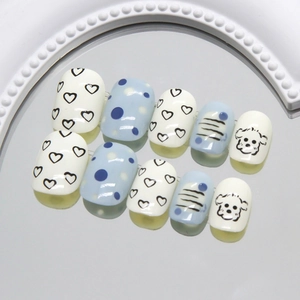 Press On Nails Cute Cartoon Dog Heart Pattern Sky Blue White Short Round Square Artificial Nails For Kids Students Daily Wear