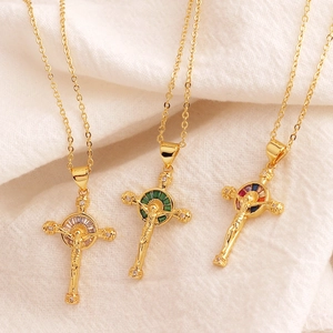 Crucifix Cross Pendant Necklace Copper 18K Gold Plated Zircon Inlaid Religious Jesus Fashion Jewelry For Women Men