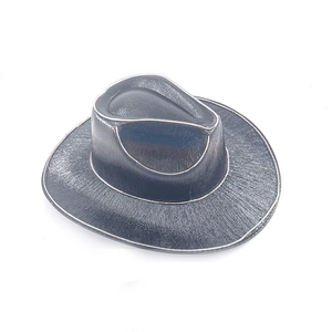 Detail of black holographic cowboy hat showing woven texture and glossy waterproof finish