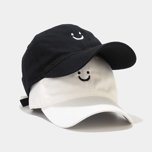 Smiley face embroidery baseball caps in black and cream beige, soft cotton twill fabric