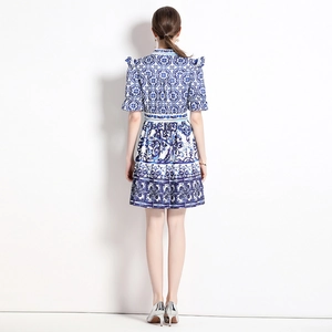 Back view of a V-neck A-line dress with vintage blue and white porcelain print