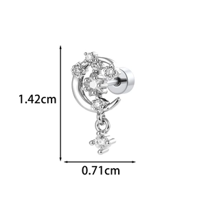 Sparkling zircon star and moon stud earrings with polished silver finish and sizing