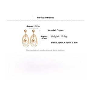 Detail view of 18k gold plated tiered oval earrings with water drop pendant and dimensions