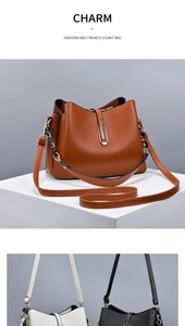 Detail of shell-shaped crossbody bag in brown, white, and black with chain strap