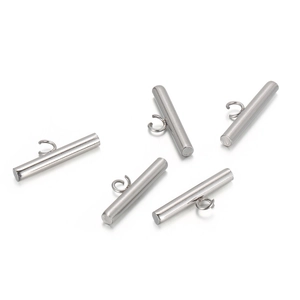 Five silver stainless steel cylinder beads with side loops for DIY necklace making