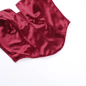 Detail shot of the glossy burgundy satin fabric and professional stitching on the camisole