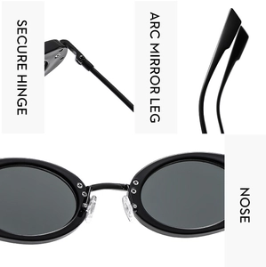 Detailed view of reinforced hinges, curved temples and nose pads on oval sunglasses