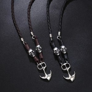 Vintage anchor pendant necklace with woven leather cord and skull bead for men and women
