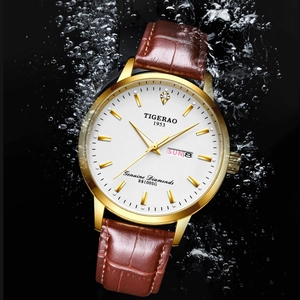 Men's gold steel watch with white dial, brown leather strap, and waterproof water splash effect