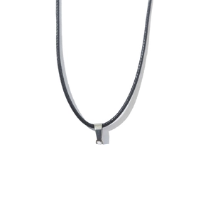 Detail showing a black braided cord necklace with a silver metal clasp connector