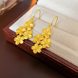 Macro view of matte 18K gold floral earrings on a premium leather jewelry box