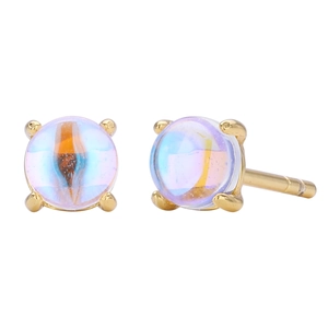 Detail of round minimalist earrings with iridescent stones in four-prong gold setting