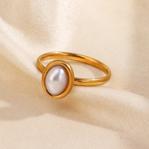 Stainless Steel Ring Oval Imitation Artificial Pearl Inlaid Geometric Gold Plated Hip Hop Fashion Jewelry For Women