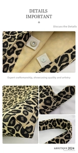 Detail showing magnetic buckle closure and reinforced stitching on leopard tote bag