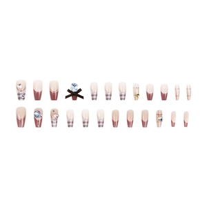 Plaid and blue-brown French press-on nails with 3D bows and sparkling rhinestones