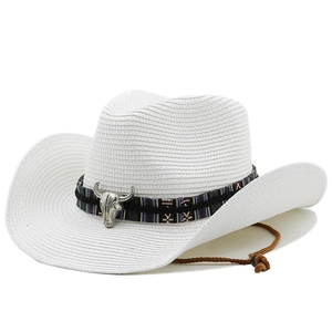 White straw cowboy hat with ethnic band and silver bull skull detail for sun protection