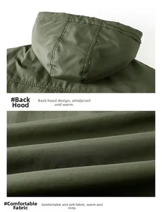 Dettaglio della giacca con cappuccio verde militare con tessuto antivento e cuciture