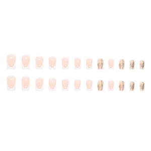 French tip press-on nails with white leaf silhouette and gold foil accents in square shape