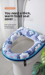 Detail of floral plush toilet seat cover with thick velvet fabric and zipper closure