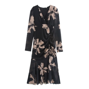 Robe Maxi Élégante À Imprimé Floral Pour Femme Avec Col En V Manches Longues En Maille Et Ourlet Sirène