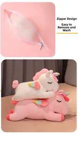 Detail of invisible zipper design for easy cleaning of rainbow unicorn plush toy