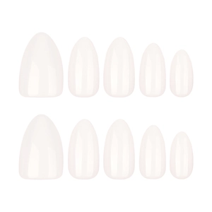 Glossy white short almond press-on nails set with oval gel tips on a clean background