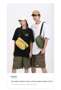 Minimalist crossbody bags in yellow and olive green colors shown on male and female models