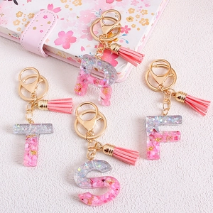 Pink glitter resin letter keychain set with tassels and gold celestial sequins