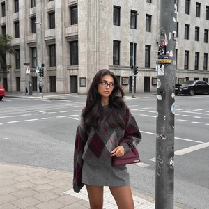 Women's oversized argyle knit sweater in grey and red with street fashion style