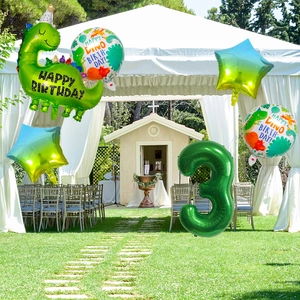 Detailed view of green dinosaur balloons set with giant number 3 for 3rd birthday party