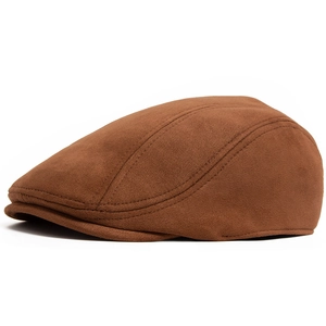 Classic brown suede flat cap for men with retro panel stitching and elastic fit