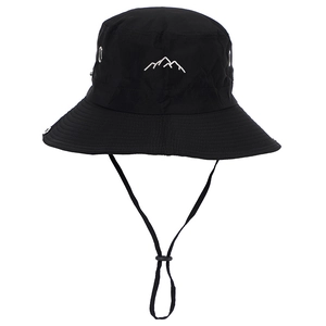 Quick-dry black bucket hat with mountain embroidery and adjustable windproof chin cord