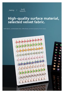 Macro detail of velvet jewelry display boards showing various colorful rings and earrings