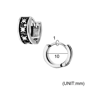 Detailed size view of retro silver octagon star earrings with 10mm inner diameter