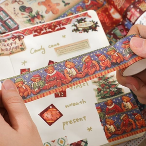 Vintage Christmas washi tape set with teddy bear and holiday motifs for DIY journaling