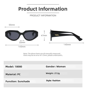 Detailed size chart for black cat-eye sunglasses featuring gold metal temple accents