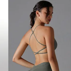 Women Seamless Knit Yoga Bra Cross Back Quick Dry Sports Fitness Top Nylon Spandex Breathable Activewear Top