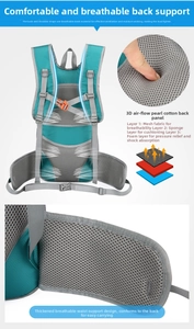 Detail of 3D breathable mesh back panel with cushioned layers on cycling backpack