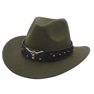 Western army green cowboy hat featuring a black leather band with silver bull head emblem