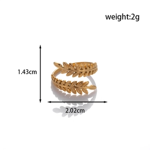 Adjustable golden leaf shaped stainless steel ring with dimensions 2.02cm by 1.43cm