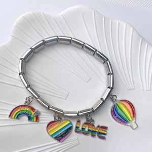 Italian style stainless steel rainbow charm bracelet with heart and love pendants
