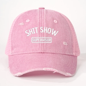 Pink distressed trucker hat with SHIT SHOW SUPERVISOR print and breathable mesh back