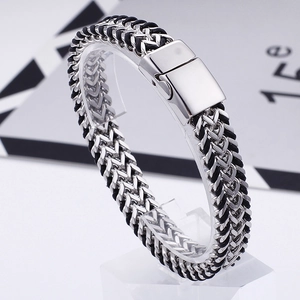 Men's double-row woven keel bracelet with stainless steel magnetic clasp in silver and black