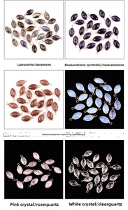 Detailed macro view of faceted marquise semi-precious stone pendants with gold metal edges